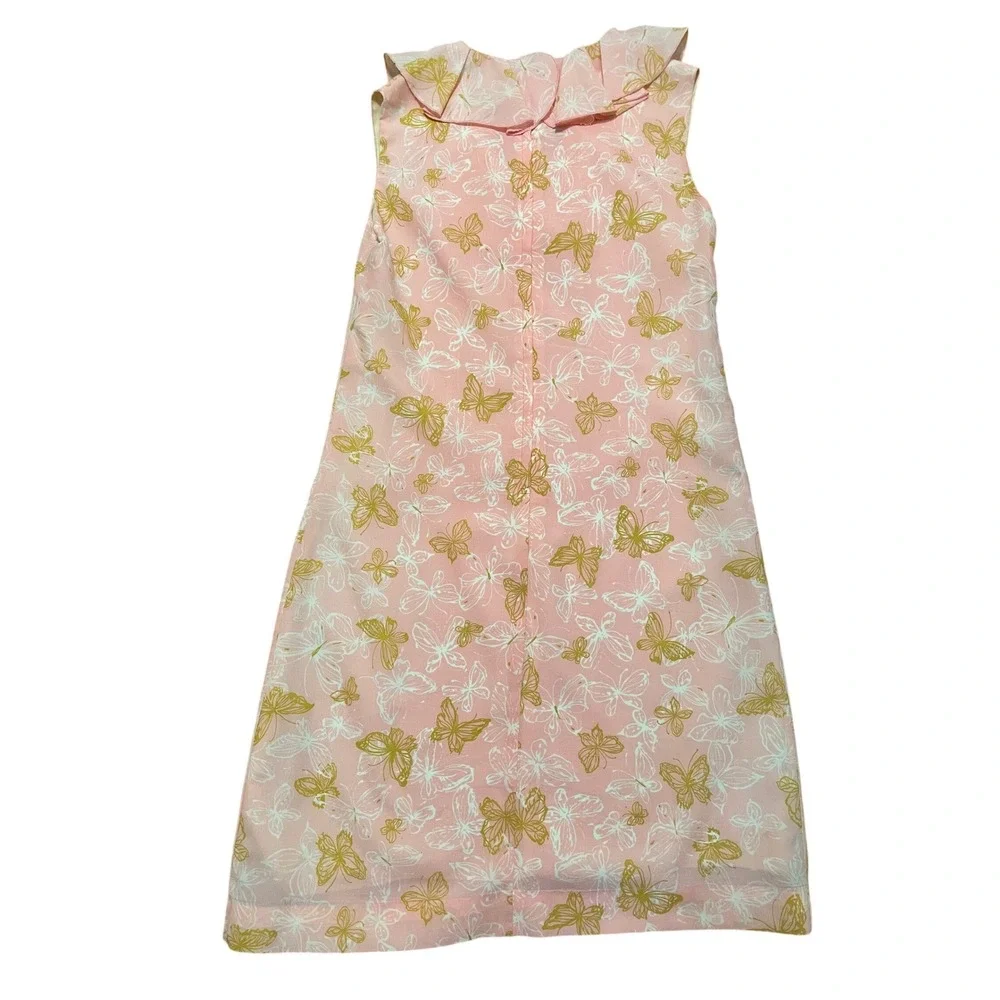 Vintage‎ Mr. Winn Dress 1960 Pink Butterfly Ruffle Collar V Neck Small GUC